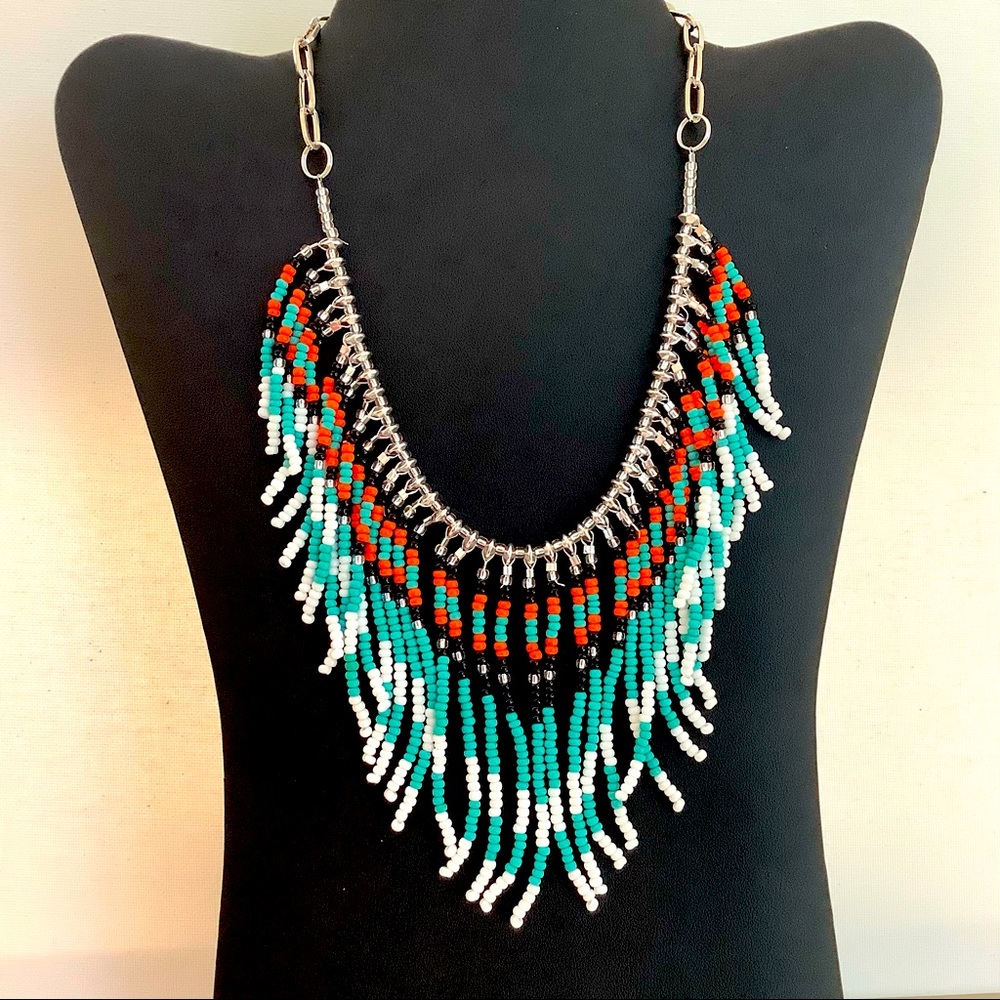 Handmade turquoise boho fringed festival beaded necklace